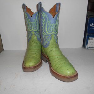 9.5 C Lucchese 2000 Pistachio & Wedgewood Full Quill Ostrich, Crepe sole Boots.
